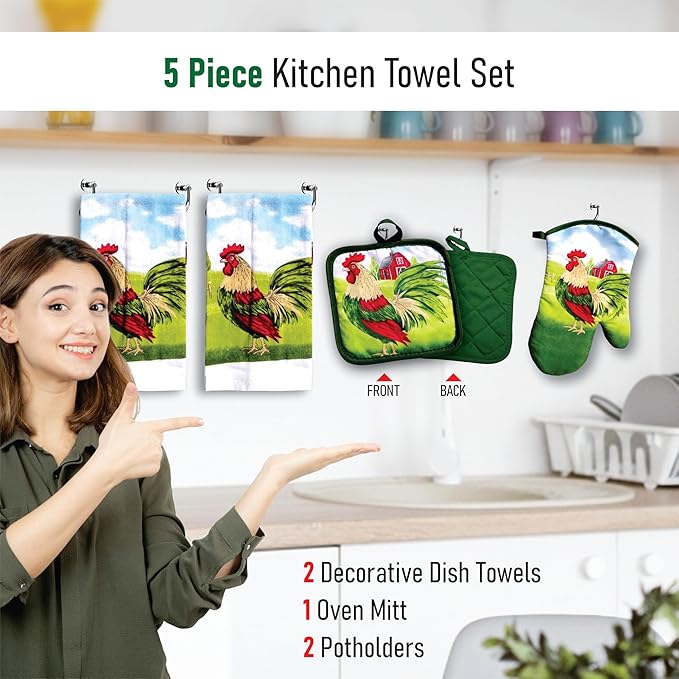 Lobyn Value Packs: 5-Piece Country Kitchen Towel Set – Proud Rooster & Red Barn Motif, 2 Lightweight Terry Cloth Dish Towels (25 X 15) Quilted Oven Mitt (11 X 7) & 2 Potholders (6.5 X 6.5)