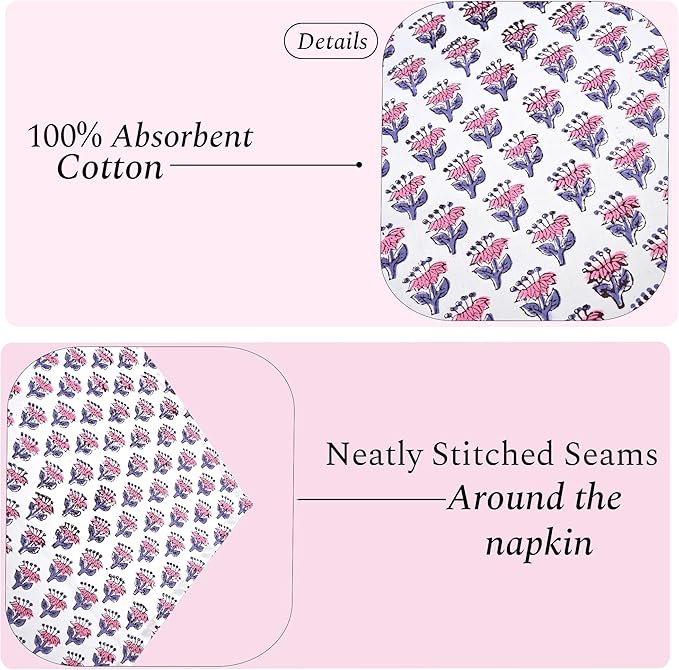 CPC Pink Sapphire Indian Block Print Cotton Cloth Napkins Set of 4, 18x18 Reusable Everyday Napkins, Soft, Absorbent, Floral Dinner Napkin, Holiday, Party Gift, Spring,Mother's Day