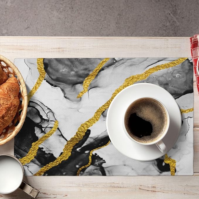 Black White and Gold Marble Linen Placemats Set of 4, Modern Luxury Washable Non-Slip Heat-Resistant Durable Kitchen Table Mats for Dining Table, Luxury Home Kitchen Decor Essential, Black Grey Gold