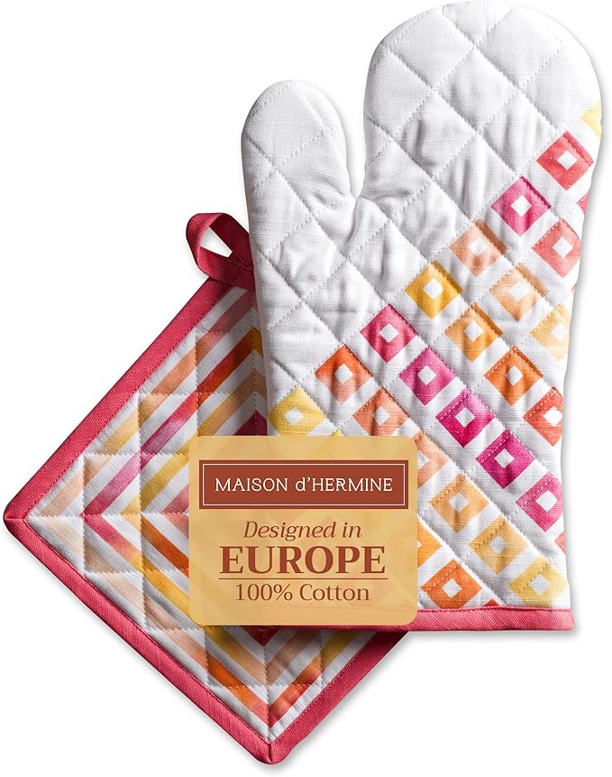 Maison d' Hermine 100% Cotton Oven Mitt & Pot Holder Set (7.5"x13" & 8"x8") Heat Resistant BBQ Cooking Gloves with Loop Baking Grilling Kitchen Gifts for Mothers Day Spring/Summer (Summer Maze)
