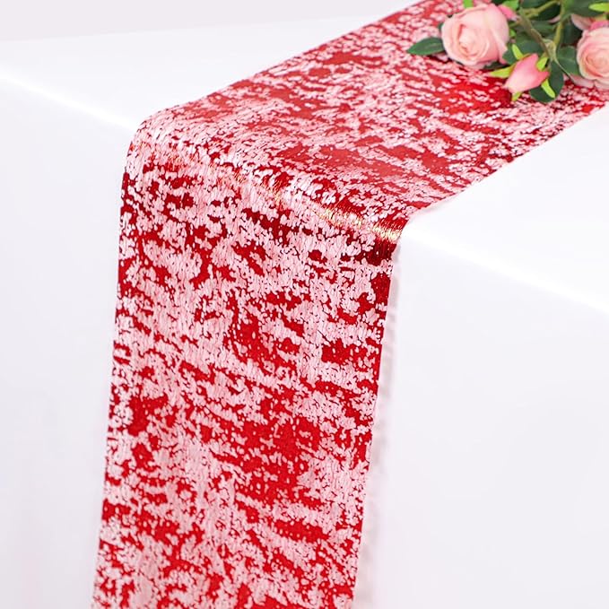 Snowkingdom 2Pcs Red Table Runner Roll Sequin Glitter Metallic Foil Sparkly Mesh Lace 108 Inches Centerpieces Table Decoration for Romantic Wedding Anniversary Birthday Hibachi Christmas Holiday Party