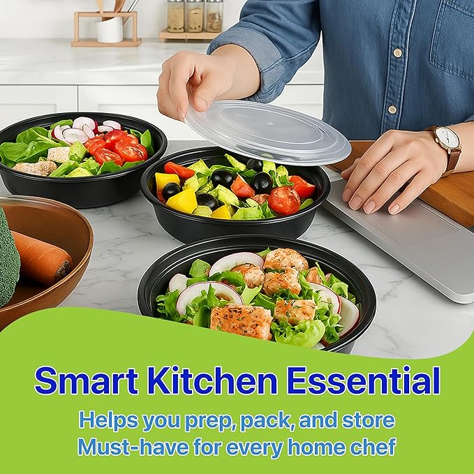 Meal Prep Containers Round [60 Set] x [48 oz] with Lids, 1 compartment, Stackable, Reusable, Leakproof, Food Safe, Microwave, Freezer & Dishwasher Safe for Food Prep Storage (60 Set, 48 oz)