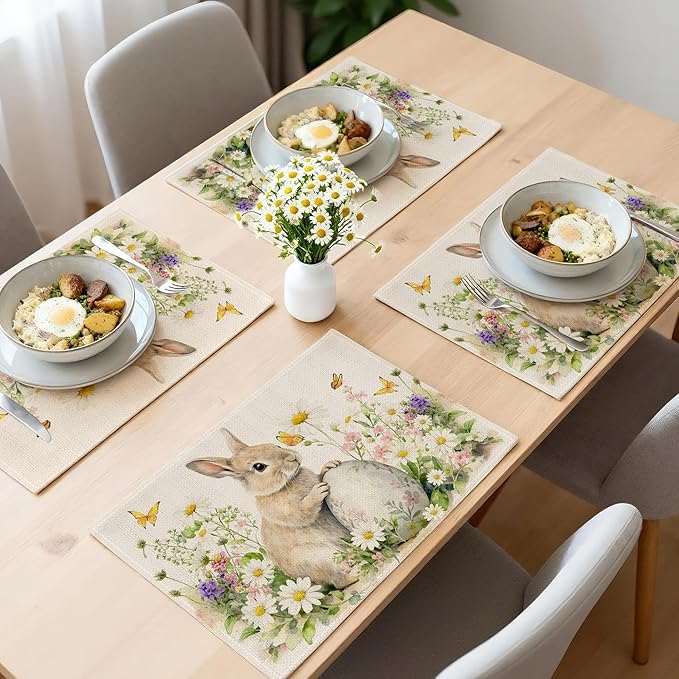 Easter Placemats Set of 4 12x18 inch for Dinning Table, Easter Decor for Party, Home - Bunny and Tulips Farmhouse Table Mat Spring Decroations