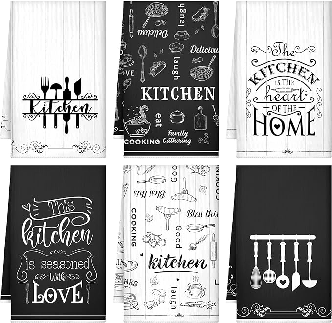 Bencailor 6 Pcs Home Kitchen Towels Decorative Sets Dish Towels Absorbent Fast Drying Hand Tea Vintage Hanging Reusable Cleaning Dishcloths for Cooking Farmhouse Bathroom Accessory