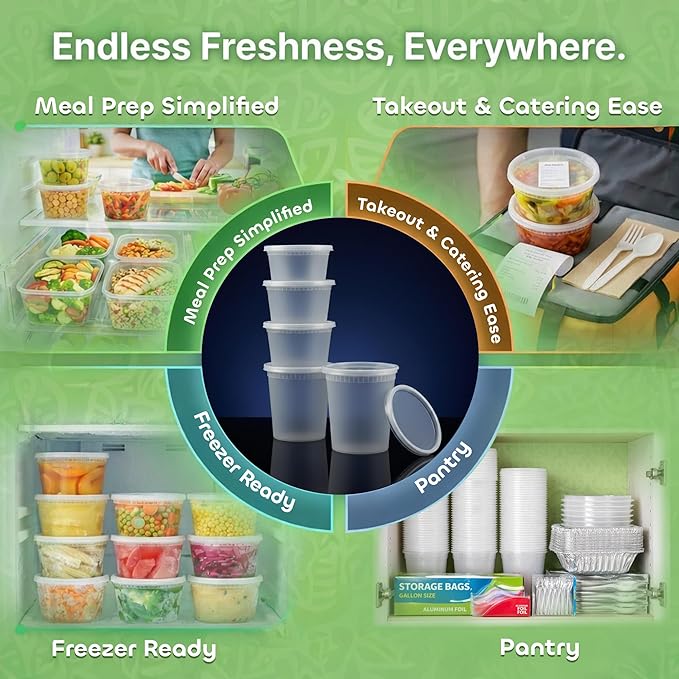 JoyServe 120 Sets Deli Containers with Lids – 8oz, 16oz & 32oz – Leak Proof, Microwaveable, Dishwasher & Freezer Safe – Plastic Food Storage & Soup Containers