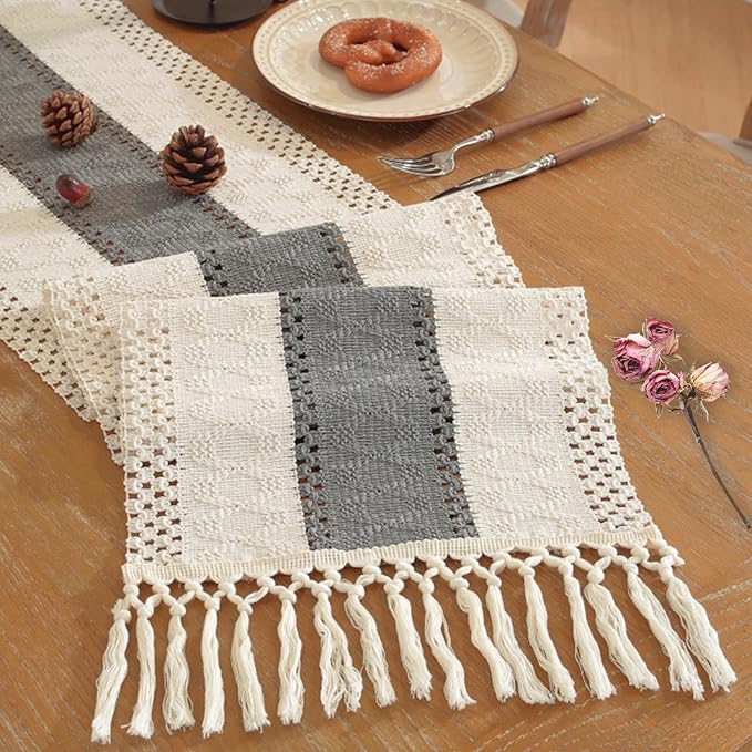 Niviy Grey Table Runner 72 Inches Long with Tassels, Seasonal Spring Summer Washable Embroidered Striped Braided Grey and Beige Boho Table Runners for Holiday Party 12 x 72 Inches