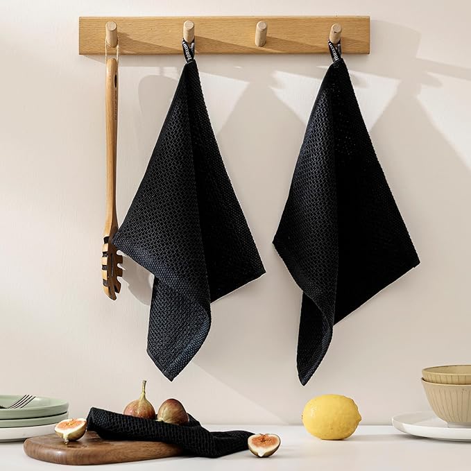 joybest Cotton Kitchen Dish Cloths, 8 Pack Waffle Weave Black Washcloths Ultra Soft Absorbent Dish Towels Quick Drying Dish Rags, 12x12 Inches
