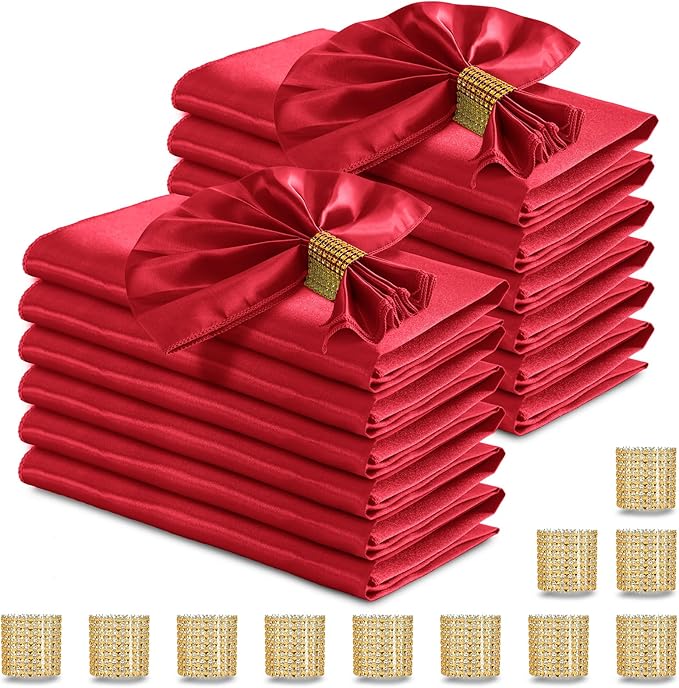 RUDONG M 100 Pcs Red Satin Napkins and Napkin Rings Set, 17 x 17 Inch Square Cloth Napkins Set of 50, Silky Soft Table Napkins Bulk for Weddings, Banquet, Parties Dinner Decoration