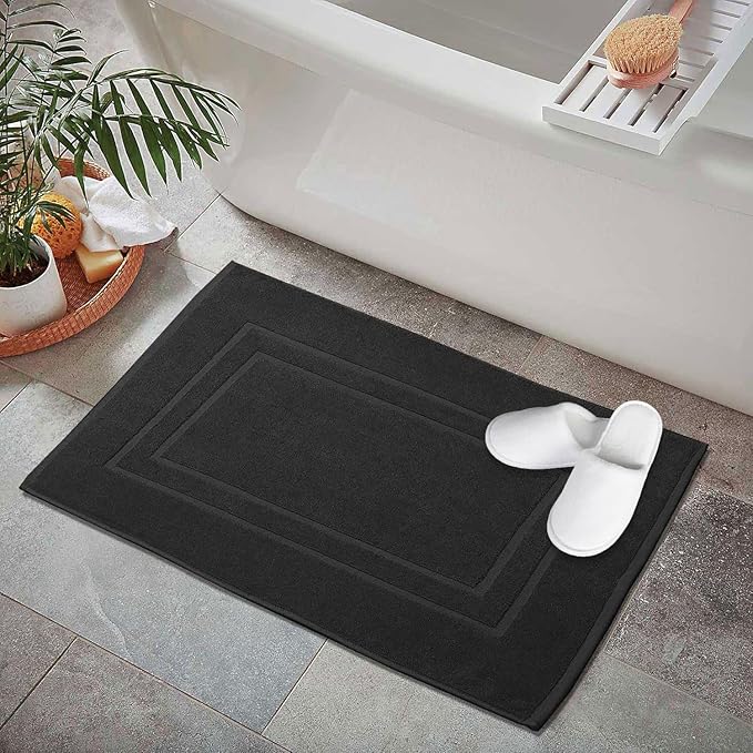 GOLD TEXTILES Premium Black Bath Mat - 2 Pack 22x34 Inches - Not a Bathroom Rug - 100% Ring Spun Cotton - Highly Absorbent & Non Slip Shower Bathroom Floor Mat Towel - Machine Washable