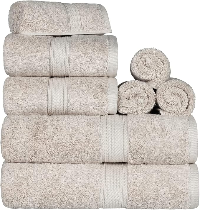 SUPERIOR Egyptian Cotton Pile 8 Piece Towel Set, Includes 2 Bath, 2 Hand, 4 Face Towels/Washcloths, Ultra Soft Luxury Towels, Thick Plush Essentials, Guest Bath, Spa, Hotel Bathroom, Stone