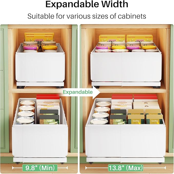 Pull out Cabinet Organizer, 2-Pack Expandable Width(9.8"-13.8") Heavy Duty Slide out Drawers with Raising Pad for Framed Cabinets, Adhesive Roll Out Shelves for Pantry, Kitchen,Bathroom Storage(White)