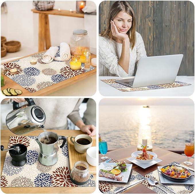 comfoyar Navy Blue Red Dahlia Placemats Set of 4, 12x18 Inch Non-Slip Linen Farmhouse Place Mats, Washable Absorbent Seasonal Table Mats for Kitchen Dining Party Table Decoration