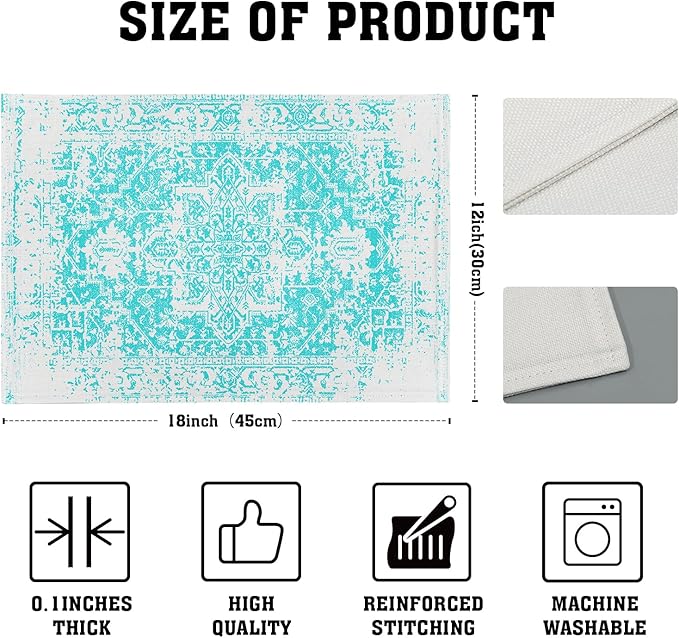aportt Gray Aqua Turquoise Boho Placemats Set of 6 Ethnic Bohemian Carpet Place Mats Washable Kitchen Dining Vintage Grey Floral Linen Table Mats Stain Heat-Resistant for Home Party Indoor 12x18 in