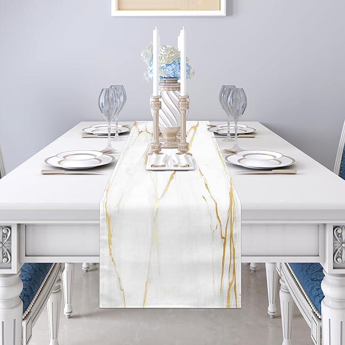 White Gold Table Runner Marble Linen Table Runners,Long Coffee Dresser Runners for Bedroom,Farmhouse Rustic Table Runner for Kitchen Dining Table Party (Marble, 13"x71")