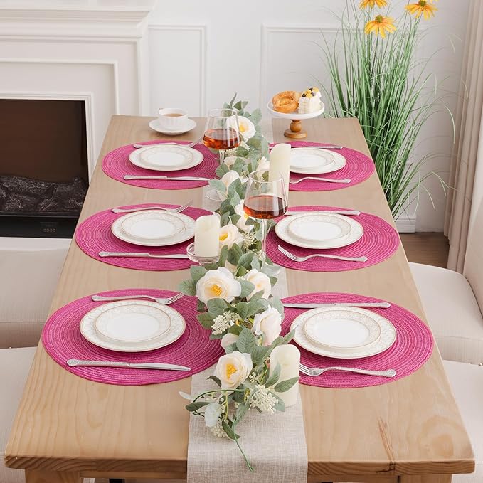 SHACOS Round Placemats Set of 8 Braided Cotton Polyester Table Placemat 15 inch Circle Place Mats for Kitchen Dining Table Holiday Party (Hot Pink, 8)