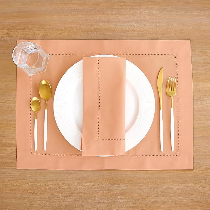 Solino Home Cotton Linen Napkins Set of 4 - Hemstitch Peach Bloom Dinner Napkins Cloth 20 x 20 Inch for Mothers Day, Spring, Summer - Handcrafted and Machine Washable