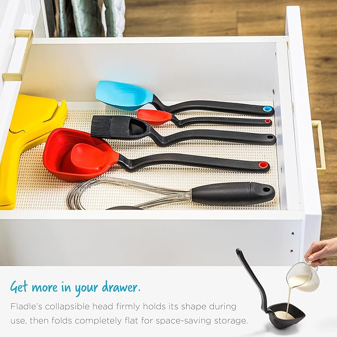 Dreamfarm Fladle Fold-Flat, Space-Saving Serving & Cooking Ladle Measures up to 1/2 Cup with Silicone Scraping Squeegee-Tip - 12" Black