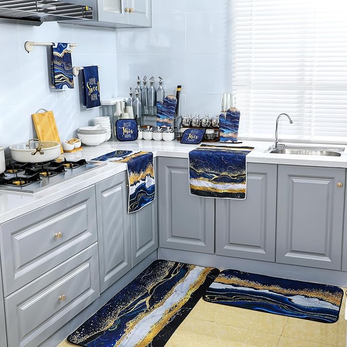 Fourluoo 10 Pcs Kitchen Dish Towels Rugs Oven Mitts and Pot Holders Kit Farmhouse Kitchen Decor Set Gloves Vintage Potholders for Baking Cooking Chef(Blue,Modern)