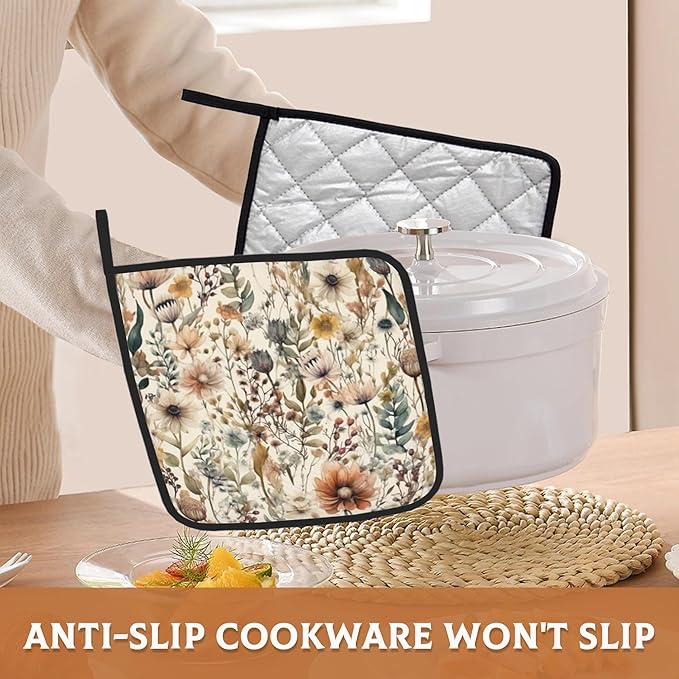 2PCS Boho Watercolor Floral Pot Holder with Loop,Heat Resistant Oven Pads,Hot Pat for Kitchen Cooking Baking Food