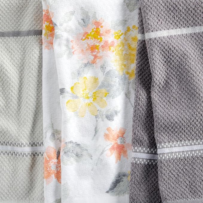 Martha Stewart Amber Floral Kitchen Towel Set 4-Pack, Yellow/Coral, 16"x28"