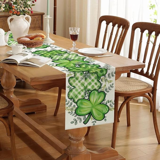 ONFAON St Patrick's Day Table Runner Decorations Shamrock Eucalyptus Heart Seasonal Spring Kitchen Dining Table Decoration for Home Party Decor 13x72 Inch