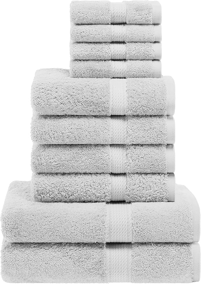 Superior Egyptian Cotton Pile 10 Piece Towel Set, Includes 2 Bath, 4 Hand, 4 Face Towels/ Washcloths, Ultra Soft Luxury Towels, Thick Plush Essentials, Guest Bath, Spa, Hotel Bathroom, Silver