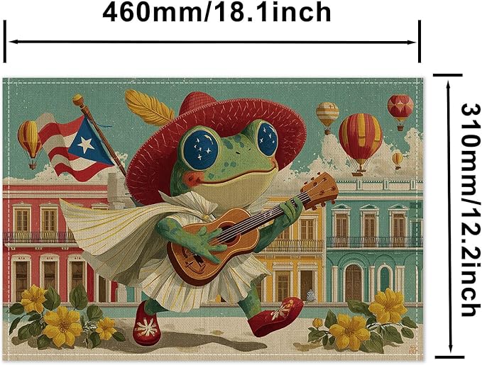 HOMETITUTE Colorful Placemats Set of 4 Linen 12x18 Inch Washable Table Mats Fun Frog Playing Guitar Design Decorative Dining Table Placemats Set of 4 Farmhouse Kitchen Holiday and Everyday Use