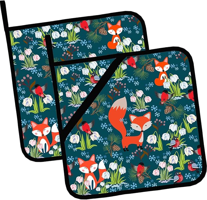 Cute Fox and Flower Pot Holders Set of 2,Kitchen Heat Resistant Potholder for BBQ Cooking Baking,Food Hot Pad for Women Men