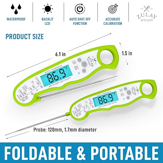 Zulay Instant Read Food Thermometer - Waterproof Digital Meat Thermometer with Backlight, Calibration & Internal Magnetic Mount - Cooking Thermometer for Meat, Kitchen, BBQ & Grill (Green)