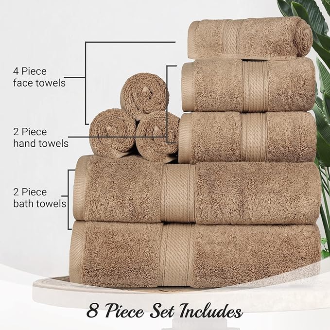 Superior Egyptian Cotton Pile 8 Piece Towel Set, Includes 2 Bath, 2 Hand, 4 Face Towels/ Washcloths, Ultra Soft Luxury Towels, Thick Plush Essentials, Guest Bath, Spa, Hotel Bathroom, Latte