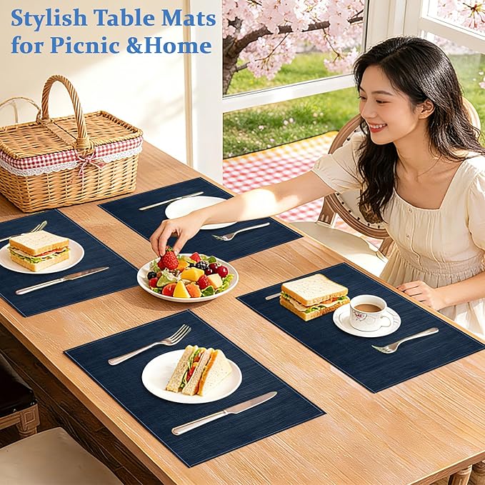 Bloss Blue Placemats Set of 4-12x18 Inch Table Mats Washable Heat-Resistant Place Mats for Dining Table, Easy to Clean Seasonal Place Mats for Holiday Party Kitchen Dining Table Decoration
