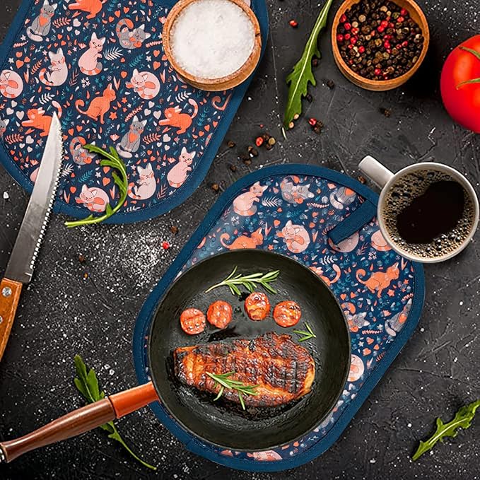 Pot Holders Set of 2 with Transparent Clear Silicone Shell and Nice Cat Flower Cotton Lining, Heat Resistant to 500 F Kitchen Oven Gloves Pot Holder for Cooking (Navy, Cat, Potholders)