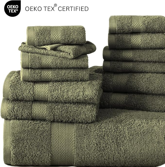 LANE LINEN Luxury Cotton Bath Towel Pack of 6 - Softer, Highly Absorbent & Durable - 2 Bath, 2 Wash cloths, 2 Hand Towels for Bathroom - Premium Look, Spa Quality, Solid Dyed Towels - Oil Green