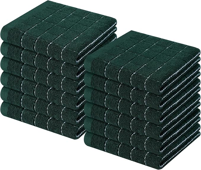 Homaxy 100% Cotton Terry Kitchen Dish Cloths, Ultra Soft and Absorbent Dish Towels for Kitchen, Suitable for Drying and Washing Dishes, 12 Pack, 12 x 12 Inches, Blackish Green