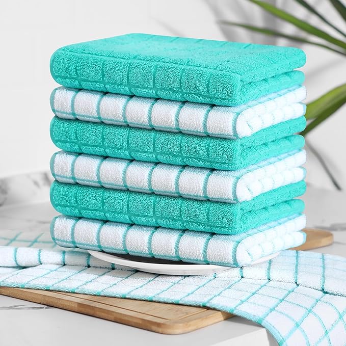 Homaxy Premium Cotton Kitchen Towels 16"x 28", Large Natural Ring Spun 390 GSM Dish Towels, Super Absorbent Terry Kitchen Hand Towels, Soft Tea Towels with Hanging Loop, Aqua Check Design, 6 Pack