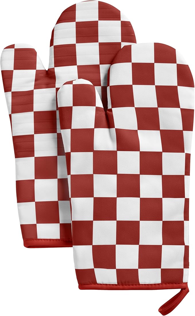 Ohocut Red Checkered Oven Mitts Heat Resistant, Vintage Retro Checkerboard Cute Oven Mitts, Non-Slip Silicone Kitchen Oven Gloves, 2-Pack Set, 7''x13''
