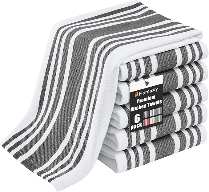 Homaxy Premium Kitchen Towels 18”x 28”, Large Cotton 380 GSM Kitchen Hand Towels, Stripe and Terry Dish Towel, Highly Absorbent Tea Towel Set with Hanging Loop, 6 Pack, Black