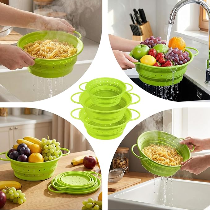 3 Pack Collapsible Colander with Strainer Bowl Set, 11 & 13 In BPA-Free Silicone Colanders for Kitchen, Heat-Resistant Strainer Dishwasher Safe Baskets for Vegetable Fruits (Green)
