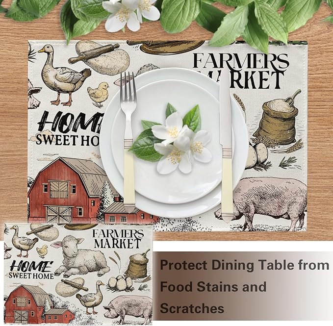 Vintage Farm Animals Placemats Set of 4, Farmhouse Country Barn Lamb Pig Chick Duck Tractor Dining Place Mats Table Decor, Retro Farmer Market Home Sweet Home Kitchen Decoration 12''x18''