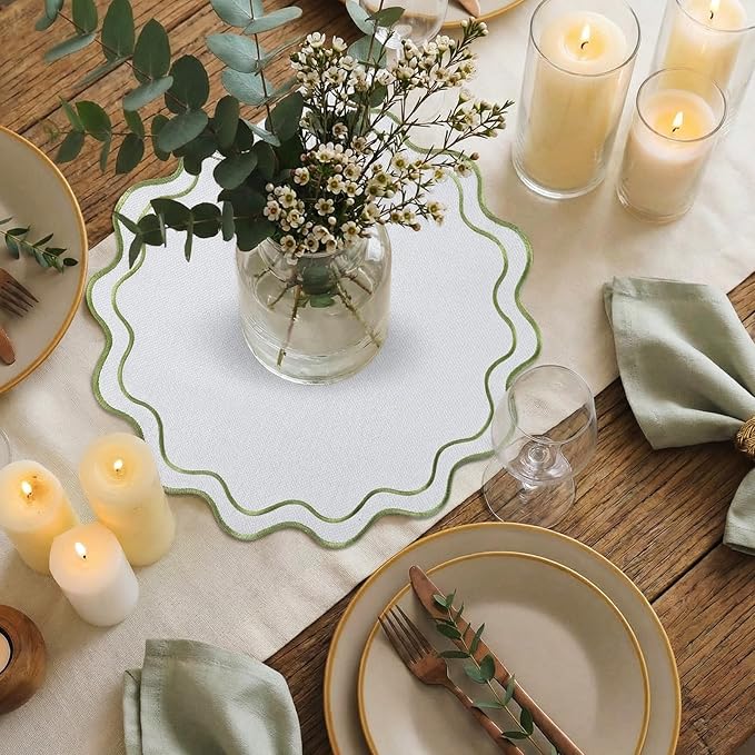 Set of 12 Cotton Linen Placemats, 15x15 Scalloped Flower Embroidery Cloth Table Mats Double Layered Fabric Washable Wrinkle Free Dining Placemat for Restaurant Kitchen Decor (White with Green)