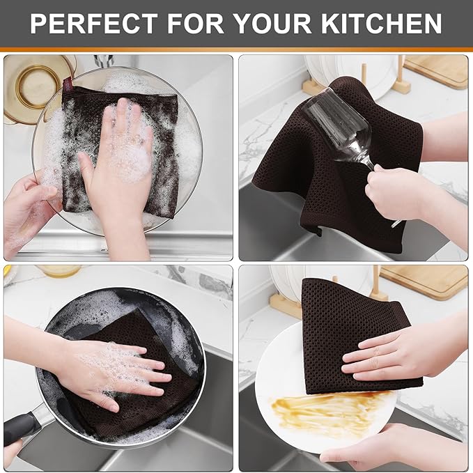 Kitinjoy 100% Cotton Kitchen Dish Cloths (12 X 12 Inches, Dark Brown), 6 Pack Waffle Weave Ultra Soft Absorbent Dish Towels for Drying Dishes Quick Drying Kitchen Towels Dish Rags