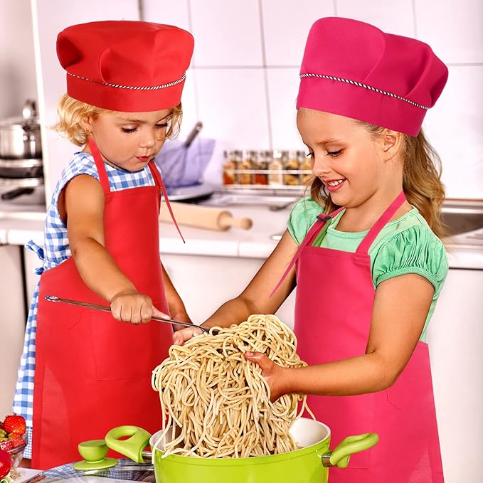 Handepo 28 Pcs Kid Apron and Chef Hat Set Adjustable Bib Apron with Pockets for Kids Cooking Baking Painting Crafting