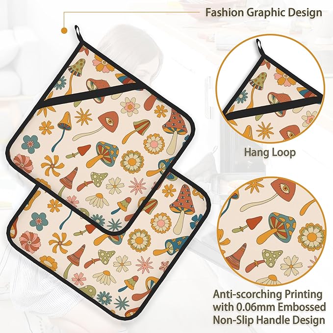 Retro Hippie Boho Mushrooms Groovy Flowers Pot Holder Set of 2,Heat Resistant Potholders Oven Hot Pads for Kitchen Cooking Baking BBQ