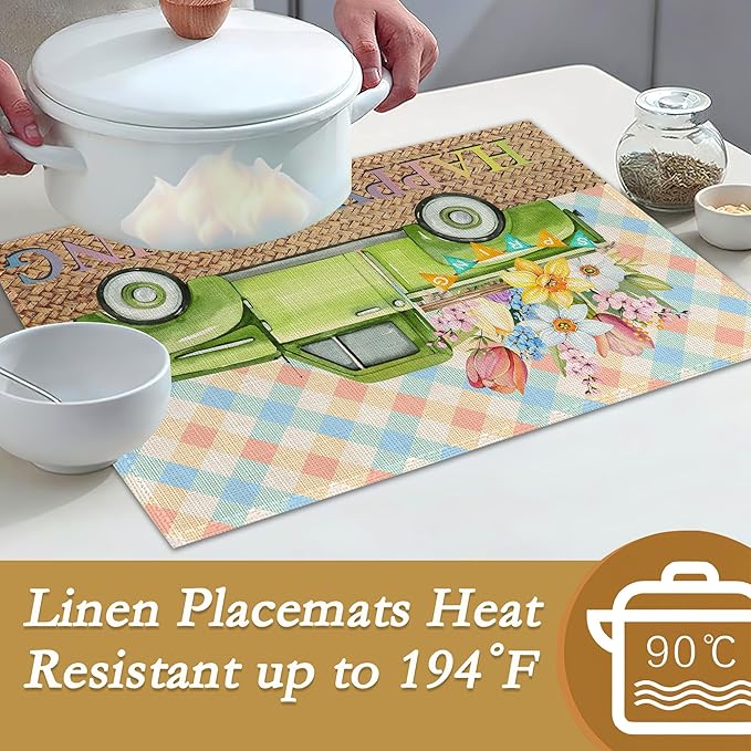 Pink Blue Truck Flowers Placemats,Happy Spring Table Mats Set of 6,12x18 Inch,Waterproof Oil-Proof Washable and Reusable Linen placemats Holiday Party Kitchen Table Decorations