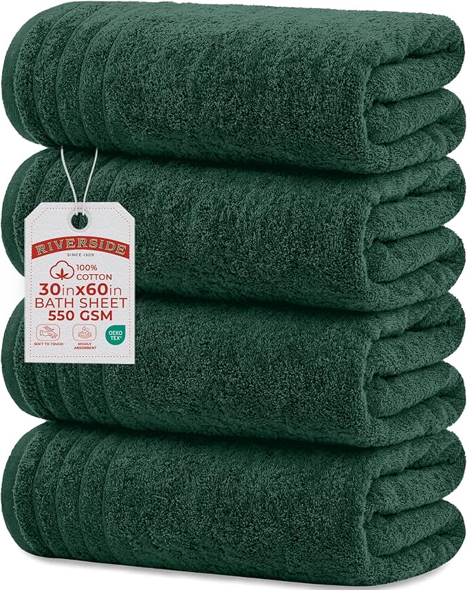 RIVERSIDE Pack of 4 Premium Extra Large Bath Towels 30 x 60 Inches, 100% Cotton, Super Soft & Highly Absorbent, Larger & Lighter Weight, Quicker to Dry, Perfect for Bathroom, Forest Green