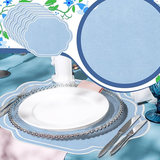 Breling 6 Pcs Wedding Placemats Scalloped Embroidered Cotton Linen Placemats 17" x 13" Double Layered Machine Washable Table Place Mat for Party Table Decor (Light Blue)