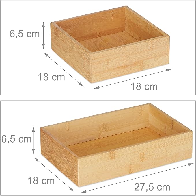 Relaxdays Organiser Boxes, Set of 5, Drawer Organiser System, Bamboo, Organiser, Kitchen, Bathroom & Office, Various Sizes, Natural