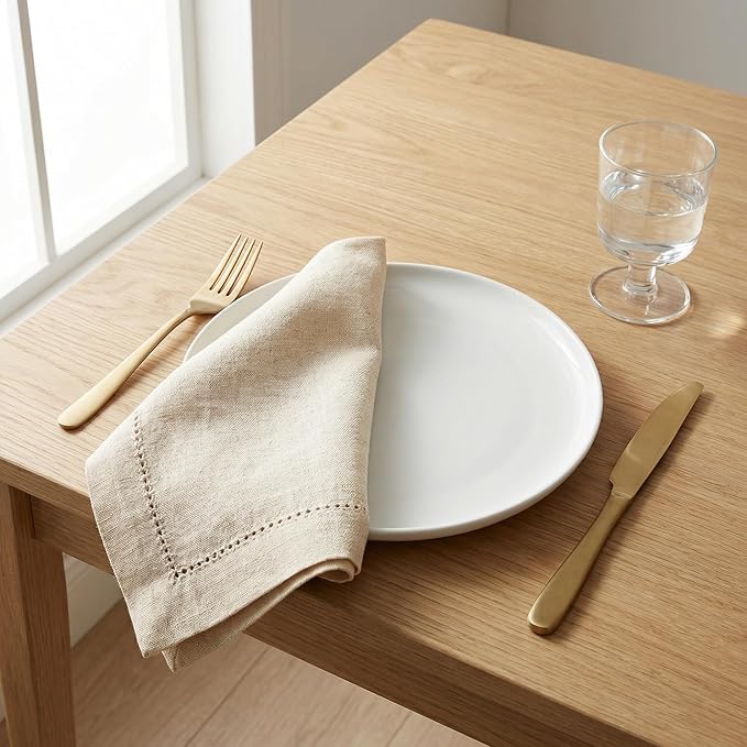 Flax Hemstitchend Cloth Dinner Napkin Set of 12 Natural 20x20 Inches, Premium Cotton Linen Dinning Table Napkins Ideal for Guest, Spring, Cocltail | Soft Neutral Event Napkin for Easter Basket Decor