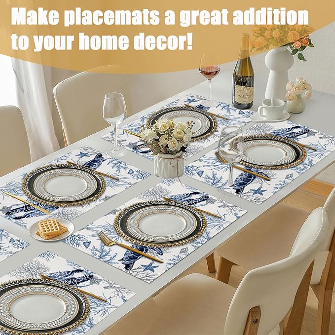 Watercolor Turtle Placemats Set of 6, Nautical Coastal Coral Shell Linen Place Mat Washable Stain Resistant Table Mats for Farmhouse Kitchen Decor 12x18 Inch