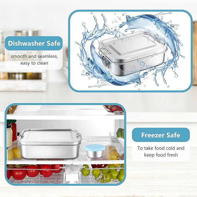 HaWare Lunch Box, 47oz (1400ml) Large Stainless Steel Bento Box with Condiment Container and Carrying Bag, 3 Compartment Food Container for Kids and Adults, Leak-Proof Metal Snack Box, Dishwasher Safe